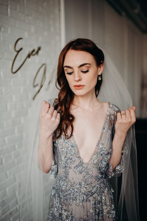 This Ever After Inspired Elopement at Paisley and Jade is Equal Parts Edgy   Romantic Black And Gold Table Decor, Gray Wedding Dress, Edgy Wedding Dress, Black And Gold Table, Grey Wedding Decor, Gold Table Decor, Sophisticated Boho, Silver Wedding Dress, Elopement Shoot