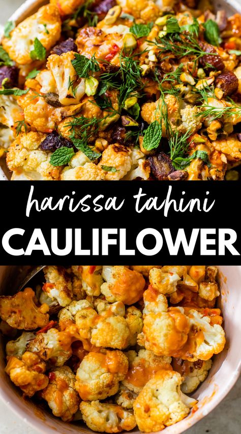 True Food Kitchen Recipes, Tahini Cauliflower, Harissa Recipes, Vegetarian Recipes For Beginners, Roasted Cauliflower Steaks, True Food Kitchen, Tahini Recipe, Spiced Cauliflower, Harissa Paste