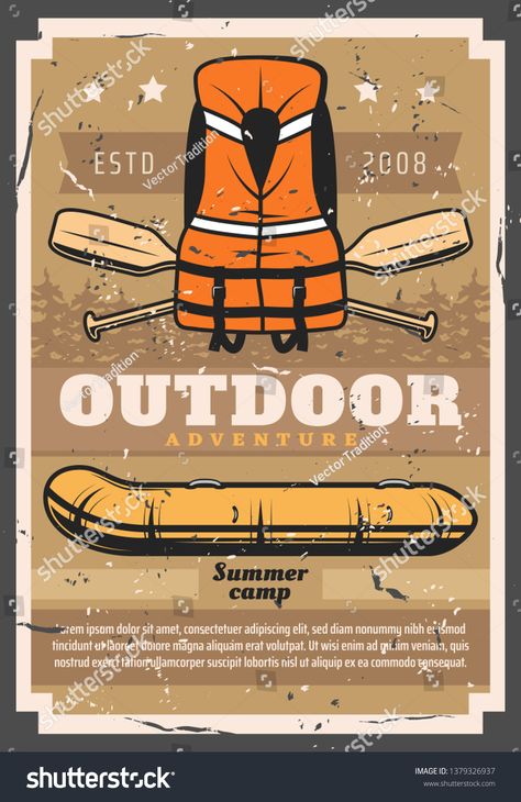 Rafting outdoor sport and recreational activity retro poster. Vector river extreme raft club summer camp, inflatable rafting boat, safety vest and paddles #Ad , #SPONSORED, #poster#retro#Vector#extreme Extreme Activities, Poster Idea, Boat Safety, Retro Vector, Safety Vest, Recreational Activities, Poster Retro, Sport Poster, Powerpoint Presentation Templates