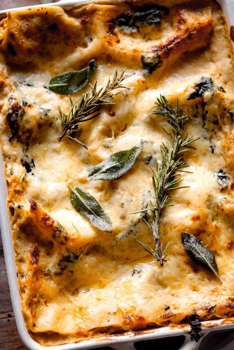 4 Cheese Sage Pesto Florentine Lasagna, Bison Lasagna Recipe, Deep Dish Lasagna, Lasagna Ideas, Florentine Lasagna, Sage Pesto, Pesto Lasagna, White Lasagna, Half Baked Harvest Recipes