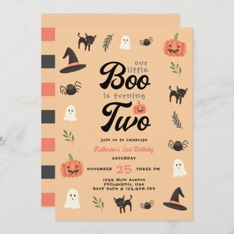 $2.92 | Modern Cute Our Little Boo Halloween 2nd Birthday | Halloween Birthday Invitations | our little boo, turning two, halloween birthday, cute, 2nd birthday, pumpkin, spider, ghost, orange and black stripes, orange Our Boo Is Turning Two, Boo Is Turning Two, Halloween Invitations Kids, Birthday Pumpkin, Halloween Birthday Invitations, Modern Halloween, Pumpkin Spider, 2nd Birthday Invitations, Halloween Cute