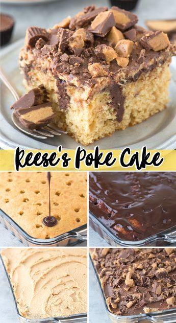 Peanut Butter Chocolate Poke Cake is the ultimate EASY reese’s cake! Start with a yellow cake mix and add peanut butter to make an easy peanut butter cake. Poke holes all over the cake and drizzle with chocolate ganache. Top the cake with peanut butter chocolate frosting and chopped reese’s cups. #pokecake #peanutbutterchocolatepokecake #reesescake #reesespokecake Reese Poke Cake Recipes, Peanut Butter Poke Cake Reeses, Candy Bar Poke Cake, Reese Cup Birthday Cake, Peanut Butter Cake Chocolate Frosting, Peanut Butter Birthday Dessert, Reese Peanut Butter Cake Recipe, Peanut Butter Cup Birthday Cake, Poke Hole Cakes