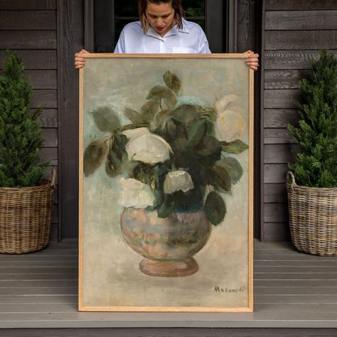 Vintage Oil Print Wall Art Vintage Still Life Flower Wall Art Large Canvas Framed Vertical Living Room Botanical Wall Decor F565 - Etsy Living Room Flower Decor, Dining Room Art Ideas, Coastal Gramma, Room Flower Decor, Vertical Living Room, Living Room Botanical, Moody Flowers, Palette Wall, Painting Nursery