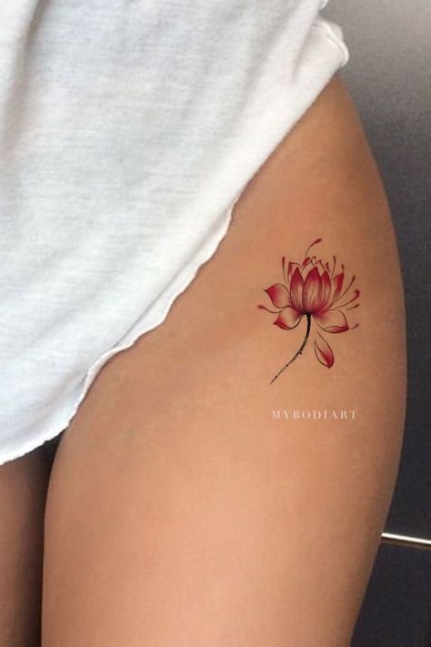 Cool Lotus Tattoo Ideas for Female – Small Inspirational Leg Tats – www.MyBodiArt.com Flower Thigh Tattoo, Thigh Tattoo Ideas, Small Thigh Tattoos, Upper Thigh Tattoos, Flower Thigh Tattoos, Watercolor Lotus, Lotus Tattoo Design, Petit Tattoo, Hip Tattoos Women