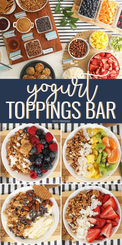 Yogurt Toppings Bar Yogurt Board Ideas, Granola Buffet Bar, Parfait Buffet Yogurt Bar, Parfait Bar Ideas Brunch Party, Yogurt Bar Toppings Ideas, Breakfast Bar For Teachers, Parfait Breakfast Bar, Yogurt And Granola Bar, Yogurt Charcuterie Board Ideas