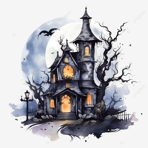 halloween haunted house with a crescent moon happy halloween watercolor vector illustrationxdxa Haunted House Graphic, Halloween House Drawing, Haunted House Watercolor, Haunted House Art, Haunted House Pictures, Haunted House Clipart, Haunted House Drawing, Images Victoriennes, Photo Halloween