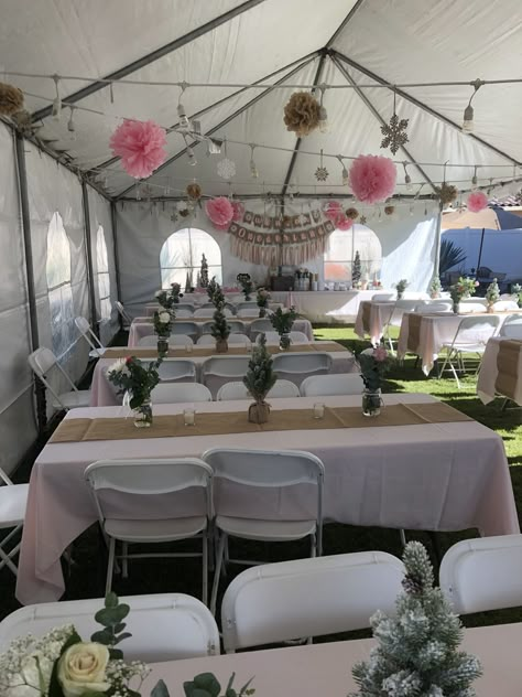 Winter ONEderland Birthday Party Party Under Carport, Rustic 18th Birthday Party Ideas, Pergola Party Decorating Ideas, How To Decorate A Tent For A Party, Backyard Sweet 16 Party Ideas Tent, Birthday Party Set Up Ideas Layout, Grad Party Tent Decorations, Birthday Tent Decorations, Outside Tent Party Ideas