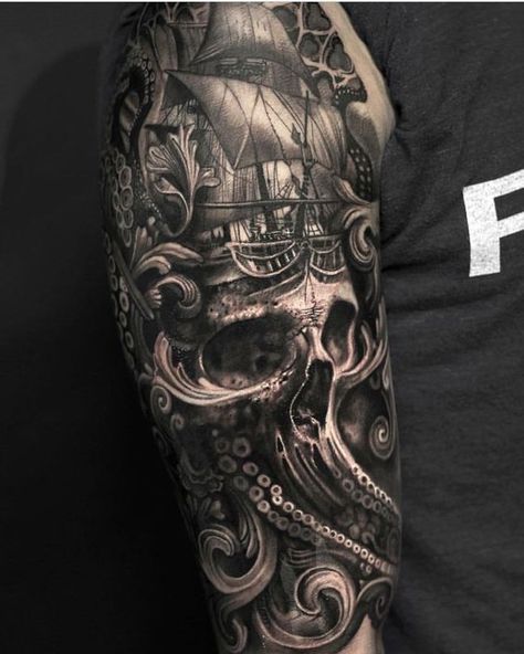 Pirate Tattoo Sleeve, Ship Tattoo Sleeves, Pirate Skull Tattoos, Nautical Tattoo Sleeve, Kraken Tattoo, Tattoo Wallpaper, Sanskrit Tattoo, G Tattoo, Tattoo Dotwork