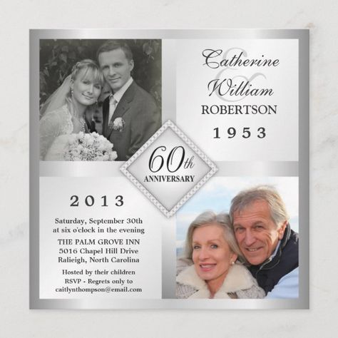 60th Silver Diamond Anniversary Photo Invitations Size: 5.25" x 5.25". Gender: unisex. Age Group: adult. Material: Matte. 60th Wedding Anniversary Party, 60th Anniversary Parties, Wedding Anniversary Party Invitations, 60th Wedding Anniversary, Anniversary Party Invitations, Silver Invitation, Pink Floral Wedding, Marble Pink, Wedding Anniversary Photos