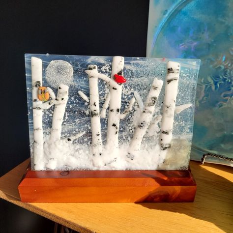 Fused glass winter scene of birch trees on stand with light. Fused Glass Winter Birch Trees, Winter Birch Trees, Fused Glass Artwork, Birch Trees, Glass Artwork, Winter Scene, Birch Tree, Happy Holiday, Fused Glass Art