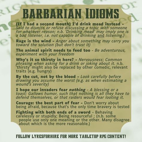 Dictionary-style text post containing Barbarian idioms for Dungeons & Dragons Dnd Idioms, Minotaur Barbarian, Dnd Languages, Barbarian Dnd, Dnd Stories, Dungeons And Dragons Memes, Dungeon Master's Guide, Dragon Memes, Dnd Funny