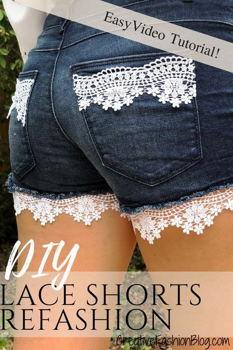 Diy Lace Shorts, Diy Jean Shorts, Easy Upcycle, Diy Pants, Shorts With Lace, Diy Clothes Refashion, Diy Jeans, Shorts Tutorial, Diy Shorts