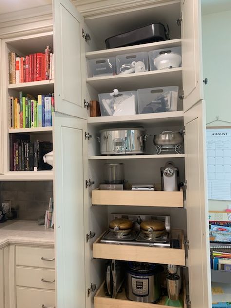 Closet Appliance Storage, Butler Pantry Small Space, Small Appliance Storage Cabinet, Small Appliance Cabinet Storage, Butlers Pantry Small Appliances, Small Appliance Closet, Organizing Small Appliances, Small Appliance Storage Pantry, Storage For Small Appliances