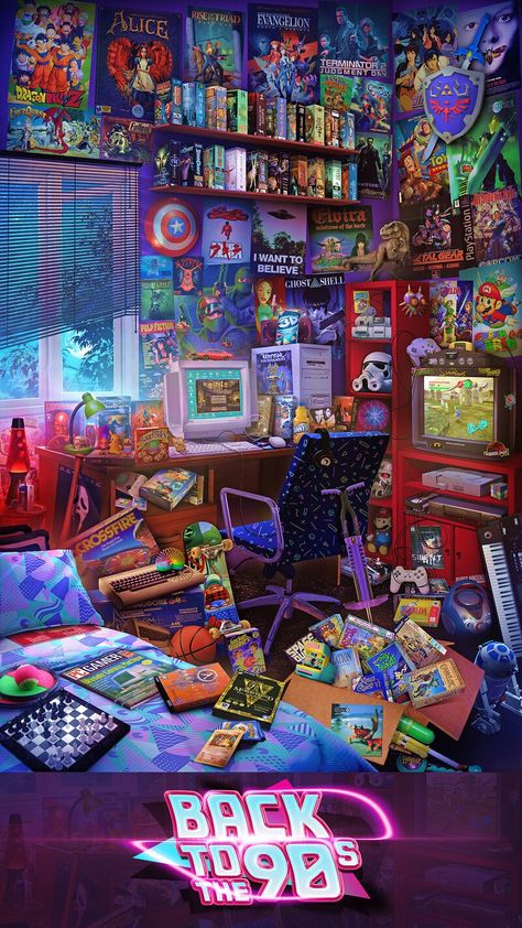 ArtStation - The Ultimate 90s Gaming Room, Rachid Lotf 90s Games Wallpaper, Retro Games Wallpaper, Nerd Room, Retro Gaming Art, Gaming Posters, New Retro Wave, Gamer Room, Game Pictures, Ghost In The Shell