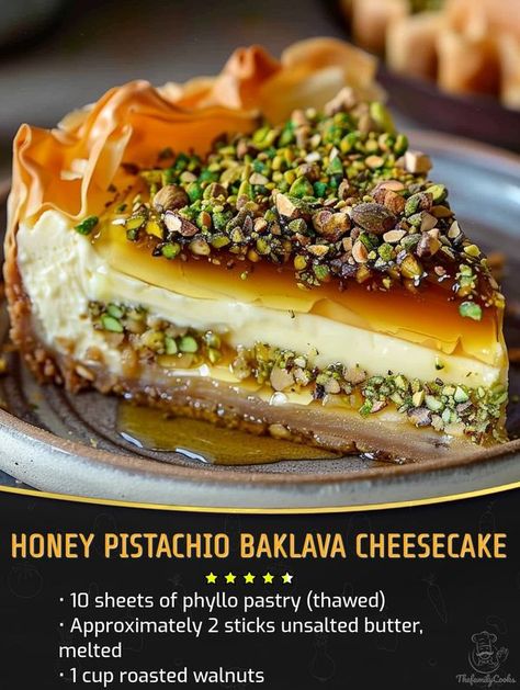 Honey Pistachio Baklava... - Anna's cooking secrets Best Pistachio Dessert, Unique Cake Flavors, Pistachio Desserts, Honey Pistachio, Baklava Dessert, Fancy Recipes, Cooking Secrets, Cheesecake Ingredients, Phyllo Pastry