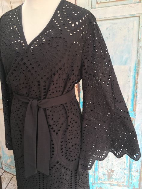 Excited to share this item from my #etsy shop: Black Broidery Anglais Schiffli Eyelet Cotton Wrap Dress With Detachable Slip Dress UK: 10,12,14,16,18,20 Cotton Wrap Dress, Black Embroidery, Eyelet Dress, Star Dress, Kaftan Dress, Dresses Uk, Vintage Boho, Dress Clothes For Women, Holiday Outfits