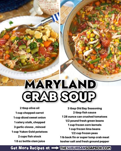 This Maryland Crab Soup makes the... - The Suburban Soapbox | Facebook Crab Meat Soup Recipes, Soups With Crab Meat, Cream Of Crab Soup Recipe Maryland, Vegetable Crab Soup Maryland, Best Maryland Crab Soup, Maryland Crab Soup, Crab Soup Recipes, Crab Meat Recipes, Maryland Crabs