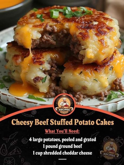 Paula Deen Family kitchen | Cheesy Beef Stuffed Potato Cakes | Facebook Stuffed Potato Cakes, Cheddar Cheese Recipes, Potato Cakes Recipe, Stuffed Potato, Grandma Cooking, Dump Meals, Potato Cakes, Beef Recipes Easy, Beef Recipes For Dinner