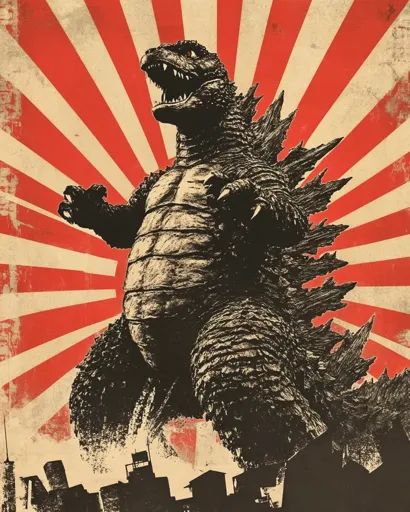 ↑↑↑ Larger size on website 🔸 The image is a vintage-style poster featuring Godzilla, a giant monster, standing in front of a red Godzilla Poster, Vintage Godzilla, Mouth Wide Open, Sun Symbol, Scaly Skin, Giant Monsters, Sharp Teeth, Classic Comics, Rising Sun