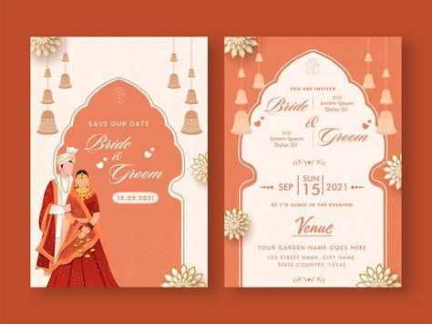 Wedding invitation template layout with ... | Premium Vector #Freepik #vector #flyer #wedding #party #ornament Digital Wedding Invitations Indian Template, Wedding Invitation Design Templates Free, Indian Wedding Invitation Templates, Wedding Collaterals, Illustration Palette, Traditional Indian Wedding Cards, Traditional Indian Wedding Invitations, Vintage Wedding Invitation Cards, Happy Dusshera