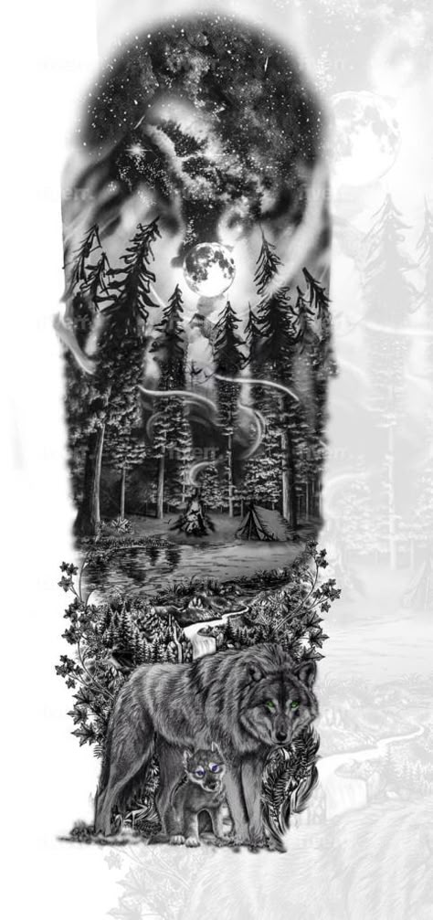 Forest Landscape Tattoo Design, Woods Themed Tattoo Sleeve, Moon And Woods Tattoo, Wolf And Mountain Tattoo Design, Forest Scenery Tattoo, Wilderness Forearm Tattoo, Woods Sleeve Tattoo, Landscape Tattoo Sleeve Women, Woods Tattoos For Men