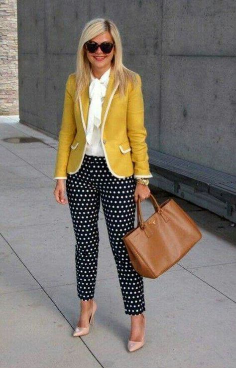 fashion over 40 Interview Outfits, Business Professional Outfits, Yellow Blazer, Polka Dot Pants, Business Casual Work, Interview Outfit, Casual Work Outfits, Work Outfits Women, Work Wardrobe