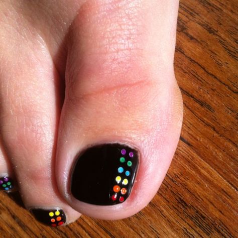 Pride Pedicure - This looks super cute against a nude/clear polish background as well. The dots are tricky but easier than doing straight (ha!) rainbow stripes. Rainbow Toe Nails, Toenail Polish Designs, Rainbow Nails Design, Pedicure Designs, Polka Dot Nails, Toe Nail Designs, Get Nails, Rainbow Nails, Nail Polish Designs