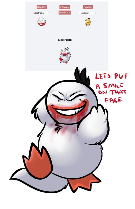 Electrduck | 30 Incredible Works Of Art Inspired By Pokemon Fusion----- it looks like Jeff the killer Funny Pokemon Fusion, Scary Pokemon, Pokemon Mix, Pokemon Original, Pokemon Fusions, Pokemon Fusion Art, Fusion Art, Pokemon Memes, Pokemon Funny