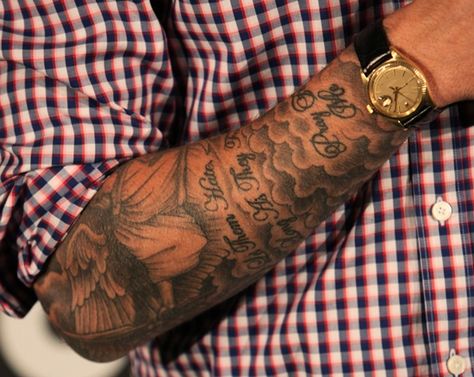 david beckham (16) Forearm Cloud Tattoo For Men, David Beckham Tattoo, David Beckham Tattoos, Respect Tattoo, Cloud Tattoo Sleeve, Full Tattoo, Forearm Sleeve Tattoos, Cloud Tattoo, Inspiration Tattoos