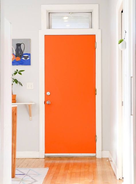 Bright orange door interior Orange Door, Front Door Paint Colors, Colorful Apartment, Chicago Apartment, Door Paint Colors, Perfect Paint Color, Painted Front Doors, Boring Life, Eco Friendly House