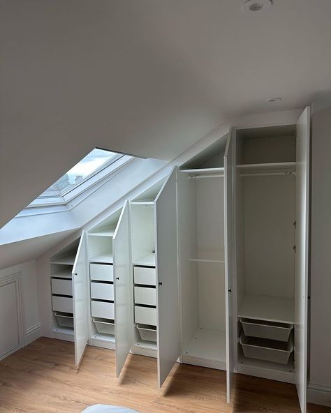 Sloped ceiling PAX IKEA wardrobe ✨ Send us a message to discuss creating your fitted wardrobe for a fraction of the price.🏡 | Instagram Pax Sloped Ceiling, Ikea Pax Sloped Ceiling, Sloped Wardrobe, Wardrobe Sloped Ceiling, Slanted Closet Ideas Sloped Ceiling, Sloped Ceiling Wardrobe, Bedroom With Sloped Ceiling, Pax Ikea Wardrobe, Sloped Ceiling Bedroom Ideas