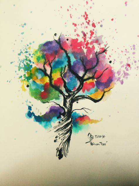 Spray Paint Tattoo, Watercolor Tree Tattoo, Tattoo Trees, Tree Tattoo Color, Ink Tree, Paint Tattoo, Watercolor Tattoo Tree, Geometric Bird, Tree Watercolor