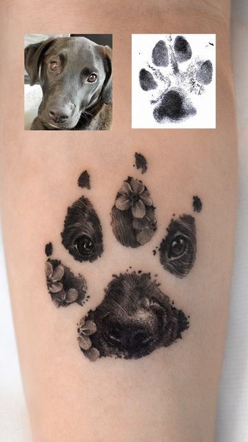 Ria Kim 김리아 on Instagram: "Lola🐾🖤
Custom design with Lola‘s face, her paw print, and forget-me-not flowers💙

@tattooist_kimria 
Done at @vismstudio 

📍based in LA

📧 kimria@vismstudio.com

#memorialtattoo #dogtattoo #dogportrait #cattattoo #catportrait #petportrait #animalportrait #latattoo #latattooartist" Paw Print Flower Tattoo, Pawprint Tattoo Dog Memorial, Paw Print Tattoo Dog, La Tattoo, Dog Paw Tattoo, Pawprint Tattoo, Paw Tattoo, Real Dog, Memorial Tattoo