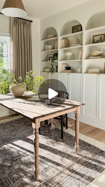 SAGE PHILLIPS | home decor + diy on Instagram: "organic modern home office inspo 🌿  a few fast facts about this space: - this desk was a $50 marketplace find that I sanded down, distress and stained! - walls + trim are painted White Dove at 75% - DIY IKEA built in arched bookcases! checkout Billy ikea hack highlight for more details!  -curtains are Jawara in the colour oat by @twopagescurtains CODE: SAGEPHILLIPS for $$$ off!   comment SHOP to get my home office links sent directly to your inbox! or click the link in my bio and select SHOP MY INSTAGRAM   follow @sagephillipshome for diys, hacks, home decor and styling inspo!  • • •  #homedesign  #ikeahack  #homedecor #ltkhome  #officestyling  #officeinspo  #diyprojects  #homeoffice  #homeofficedecor  #homeofficedesign  #diy #neutralhome  # Desk With Billy Bookcase, Billy Bookcase And Desk Hack, Ikea Billy Arch, Arched Bookcases, Sage Phillips, Arch Bookcase, Stained Walls, Ikea Home Office, Bookcase Hack