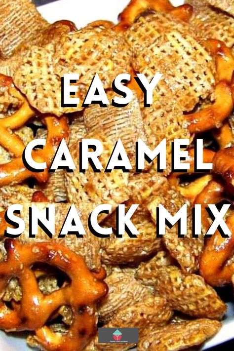 Easy Caramel Snack Mix, a variety of cereals, dried fruits and nuts, coated in delicious caramel then baked until perfectly golden. Great for parties, gift packages and holidays! Freezer friendly and stores well. Easy Carmel Chex Mix Recipes, Caramel Bugles Snack Mix Recipes, Snack Mix With Caramel Corn, Caramel Cereal Snack, Carmel Chex Mix In Oven, Caramel Snack Mix, Apple Crumble Bars, Colonial Recipe, Peanut Butter Fudge Easy