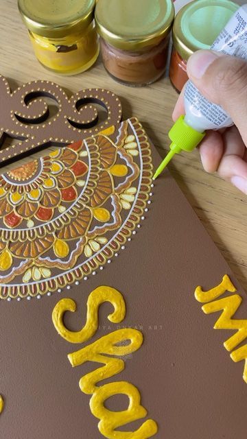 Dot Mandala Name Plate, Mandala Art Name Plate, Lippan Art Name Plate Design, Lippan Art Name Plate, Jute Bags Design, Name Plates For Home, Name Plate Design, Hand Painted Gifts, Clay Wall Art