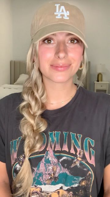 Side Braid With Hat Hairstyles, Braid Hat Hairstyles, Side Braid With Hat, Hat Braid Hairstyles, How To Wear A Hat With Long Hair, Hair With Baseball Hat, Braids With Hat, Hat Braids, Side Braids For Long Hair