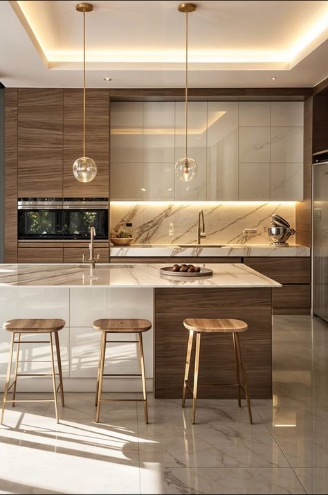 Kitchen Units Ideas Modern, Nude Kitchen Ideas, Light Colour Kitchen, Gold Fixtures Kitchen, Kitchen Cabinets Design Ideas Modern, Beige And Wood Kitchen, Kitchen High Ceiling, Modern Wood Kitchen, Taupe Kitchen