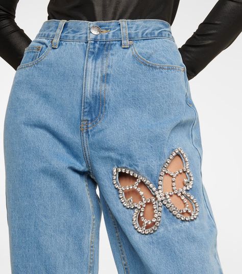 Area - Embellished cutout high-rise jeans | Mytheresa Jeans Skirt Outfit, Cutout Jeans, Cut Out Jeans, Jeans Street Style, High Rise Straight Jeans, Custom Jeans, Custom Denim, Jacket Outfit, Jeans Diy