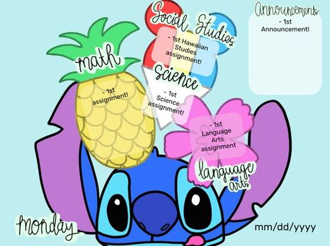 [FREEBIE]: Use this editable Lilo and Stitch themed Google Slides to post daily homework assignments! (For you grade 4 Hawaii teachers, there's one that has headers for Hawaiian Studies instead of Social Studies!) Lilo And Stitch Classroom Decorations, Lilo And Stitch Classroom Door, Stitch Bulletin Board, Stitch Classroom Theme, Lilo And Stitch Classroom Theme, Elementary Classroom Decor Themes, Disney Bulletin Boards, Gifted Classroom, Beach Classroom