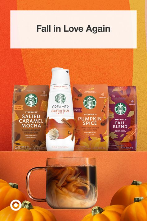 The delicious flavors you love are back. Enjoy the warm & cozy vibes of pumpkin spice, salted caramel mocha & more in every sip with seasonal Starbucks Coffees & Creamers. Find them at Target. Fall Recipes Snacks, Starbucks Ground Coffee, Autumn Roses, Starbucks Latte, Coffee Flavors, Salted Caramel Mocha, Coffee Creamer Recipe, Cold Coffee Recipes, Creamer Recipe