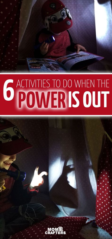 Click for 6 fun and easy activities for kids for when the power is out! These fun ideas are super easy and include survival tips for moms during power outages, storms, hurricanes, and blackouts. (sponsored) Things To Do When The Power Is Out, Activies For Kids, Easy Activities For Kids, Things To Do Inside, Power Outage Tips, Keeping Kids Busy, Tips For Moms, Happy Child, Indoor Kids