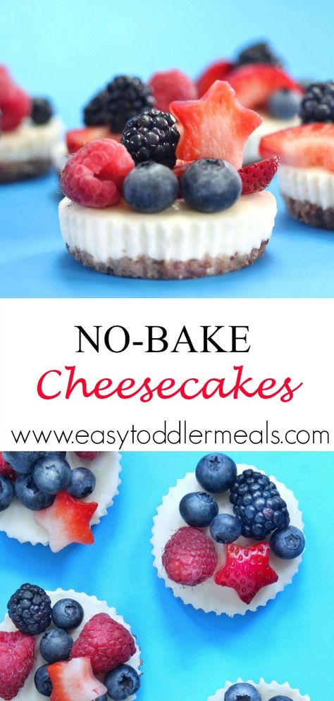 These no-bake mini berry cheesecakes are such a cute little treat! They're easy to make and just the right size finger food for little or big hands. The perfect dessert or snack for Memorial Day, 4th of July or any patriotic, All-American party! Thanks to Lunch + Littles for the recipe #easytoddlermeals #dessert #memorialdayrecipes #4thofjuly Finger Desserts, Easy Toddler Meals, Big Hands, American Party, Berry Cheesecake, Party Finger Foods, Mini Cheesecakes, Indulgent Desserts, Party Desserts