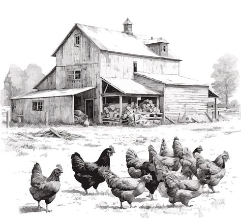 Vector black and white illustration for ... | Premium Vector #Freepik #vector #farmer-farming #farmer #farming #farm Farm Drawing Landscape, Country Paintings, Poultry Farm, White Illustration, Animal Sketches, Black And White Illustration, Illustration Sketches, Animal Illustration, Farm Animals