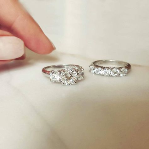 Together you and me #naveyaandsloane Claw Diamond Wedding Band, All Diamond Wedding Band, 3 Stone Engagement Rings With Band, Five Stone Engagement Ring, Wedding Band Stack, 3 Stone Diamond Ring, Engagement Ring And Wedding Band, Ring Inspo, Cute Engagement Rings