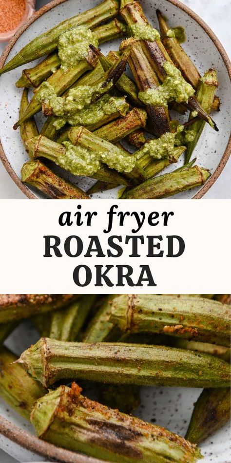 Crisp, golden, and never slimy, air frying okra is a really simple way to cook this delicious summer vegetable. This recipe uses just 3 ingredients and is ready in 15 minutes! Air Fryer Recipes Orka, Dehydrated Okra Recipe Air Fryer, Air Fryer Okra Chips, Ocra Recipe Air Fryer, Air Fryer Fried Okra Fresh, Air Fried Okra Frozen, Airfryer Okra Recipe, Airfry Okra Recipe, How To Cook Okra In Air Fryer