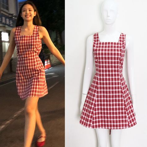 Jennie Sleeveless, Retro Plaid Dress, Red Check Dress, Stylish Kurtis Design, Checked Dress, Simple Frocks, Red Plaid Dress, Stylish Short Dresses, Cute Dress Outfits