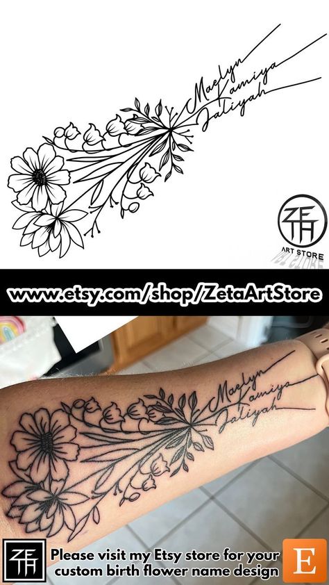 Birth Month Flower Tattoos With Names, Flower Tattoo On Arm, Mother Of 3 Tattoo Ideas, Name Flower Tattoo, Name Tattoos On Arm, Name Tattoo Design, Outer Forearm Tattoo, Flower Bouquet Tattoo, Mom Tattoo Designs