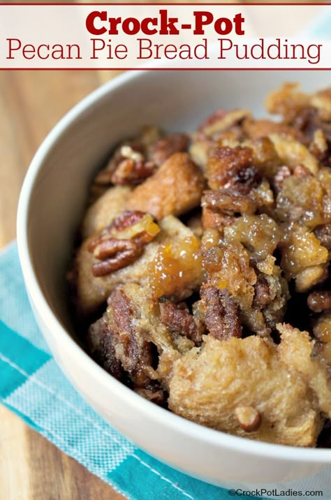 Crock-Pot Pecan Pie Bread Pudding - This recipe for Crock-Pot Pecan Pie Bread Pudding combines the delicious flavors of a pecan pie with the warmth of a homemade bread pudding. [Vegetarian & High Fiber] #CrockPotLadies #CrockPot #SlowCooker #BreadPudding #Dessert Crockpot Pecan Pie, Pecan Pie Bread Pudding Recipe, Homemade Bread Pudding, Slow Cooker Bread Pudding, Pecan Pie Bread, Pecan Pie Bread Pudding, Crock Pot Bread, Slow Cooker Bread, Pumpkin Bread Pudding