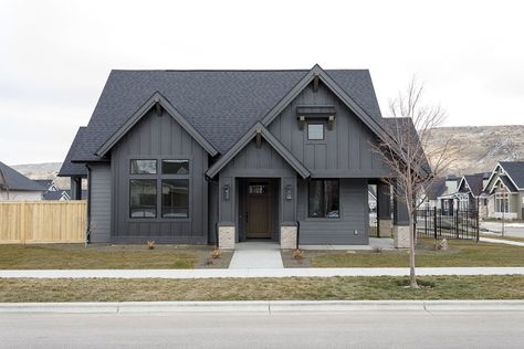 Black Board And Batten Exterior, Black Board And Batten, Black Homes, Lp Smartside, Board And Batten Exterior, Board And Batten Siding, Black Board, Exterior Home, Boise Idaho